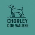Logo of Chorley Dog Walker featuring a minimalist outline of a dog standing, with text below reading 'CHORLEY DOG WALKER' on a teal background.