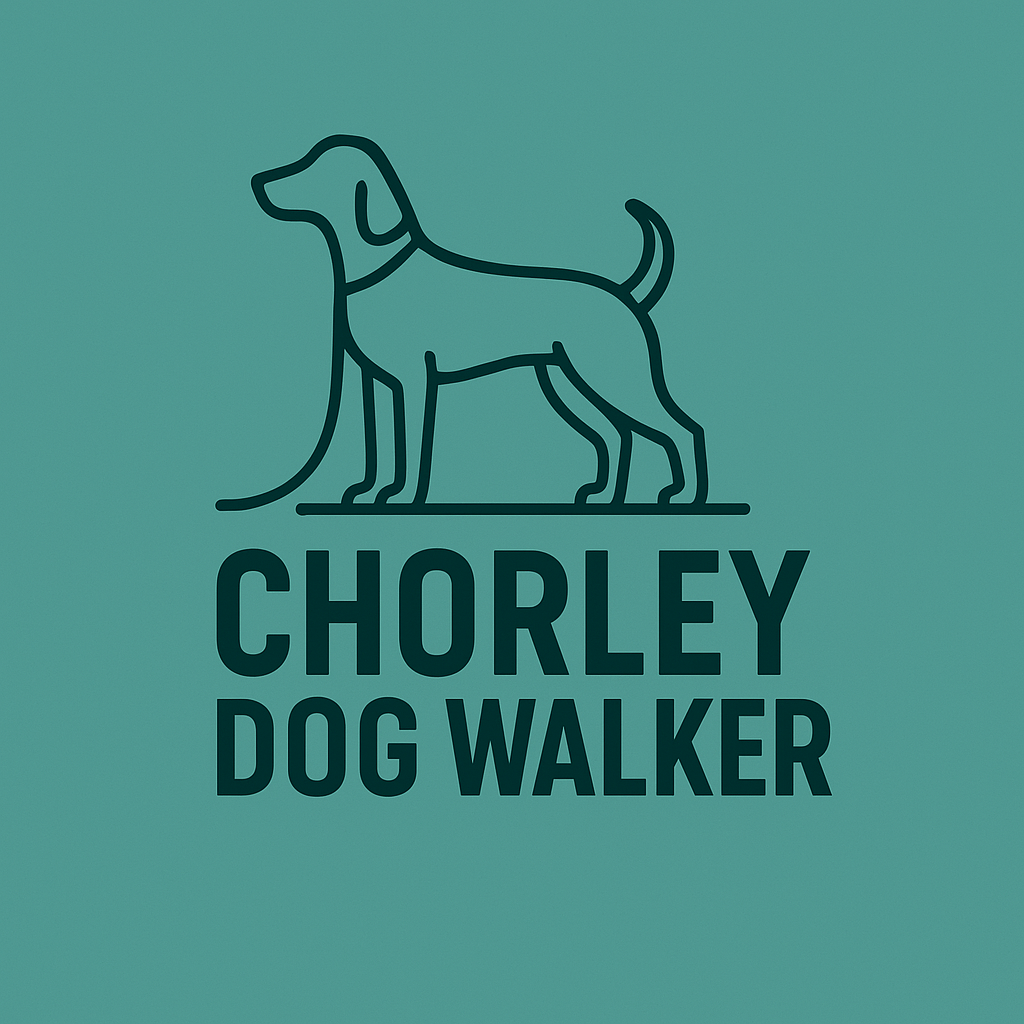Logo of Chorley Dog Walker featuring a minimalist outline of a dog standing, with text below reading 'CHORLEY DOG WALKER' on a teal background.